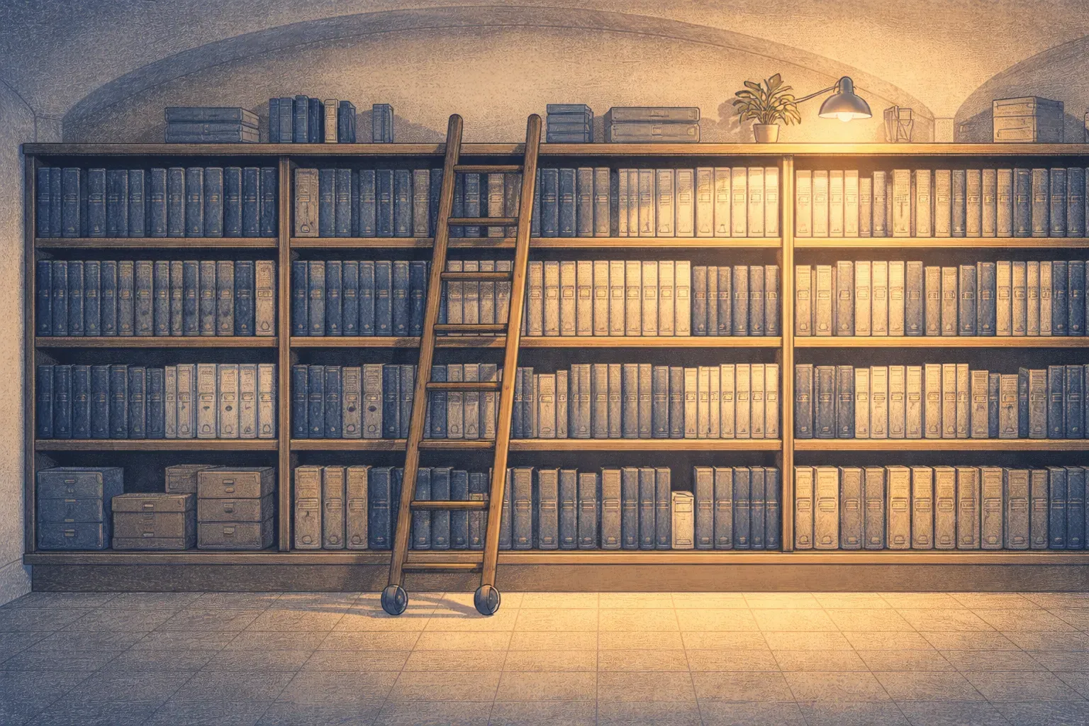 Biblioteka sa policama punim knjigovodstvenih knjiga i merdevinama — decenije iskustva